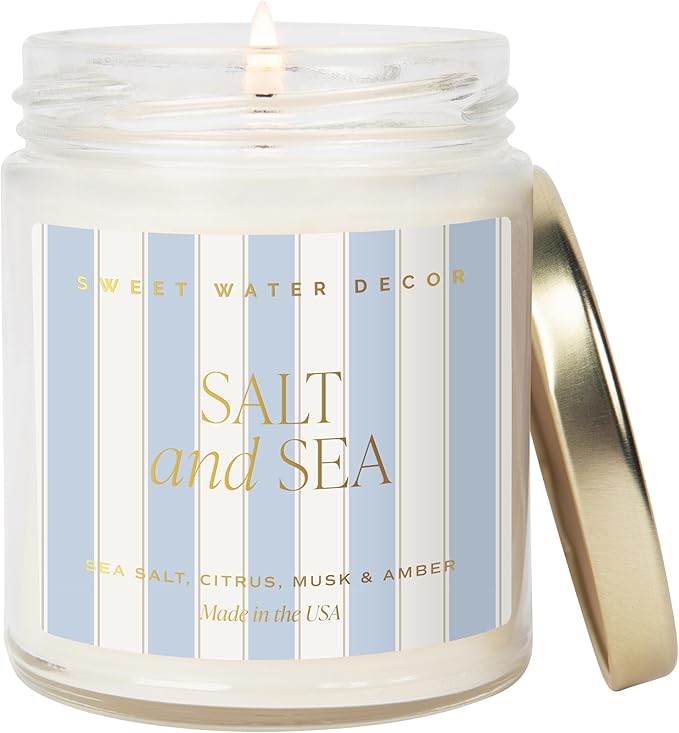 Sweet Water Decor Salt and Sea Patterned Candle – Soy Candles with Sea Salt, Citrus, Musk, Amber Aroma– 40 Hour Burn – 9oz Clear Glass Jar – Ocean Summer Candles for Home Decor - Bloomnest
