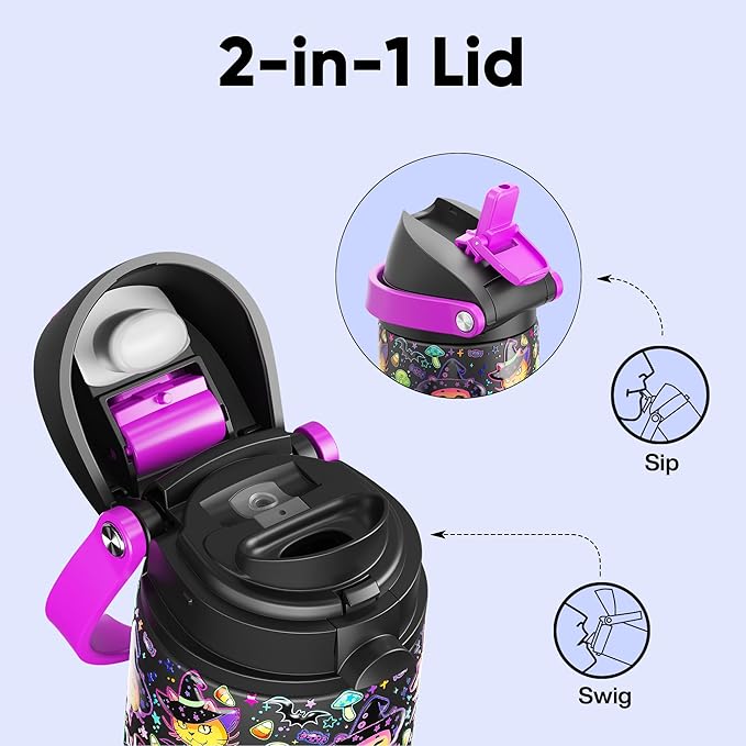 Insulated Water Bottle with Straw - Encool Stainless Steel Water Bottle with Push Button Lid, Leak-Proof & BPA-Free, Keeps Cold for 24 Hours for Sports, Travel, Gym (24 oz, Meowgic Night) ENCOOL