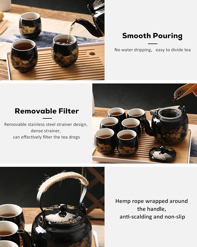 Dujust Japanese Tea Set, Black Porcelain Tea Set with 1 Teapot Set, 6 Tea Cups, 1 Tea Tray, 1 Stainless Infuser, Beautiful Asian Tea Sets for Adults, Tea Lover/Women/Men (Countryside in Golden) - Bloomnest