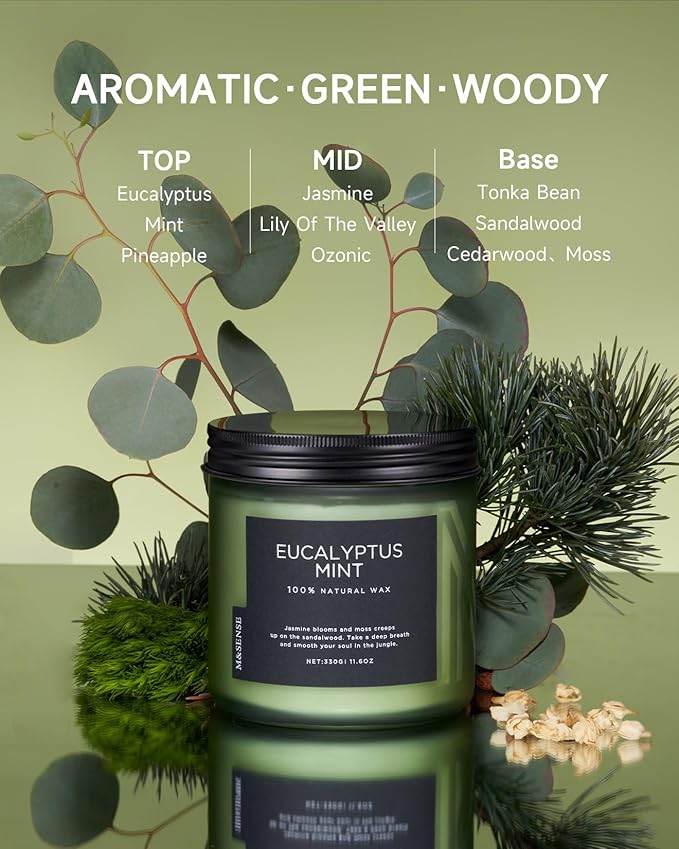 M&SENSE Eucalyptus & Mint Soy Candles for Home Scented, 11.6oz 70 Hour Burn Aromatherapy Candle Gift for Stress Relief, Meditation, Yoga, Relaxing SPA, Reusable Jar for Men and Women - Bloomnest