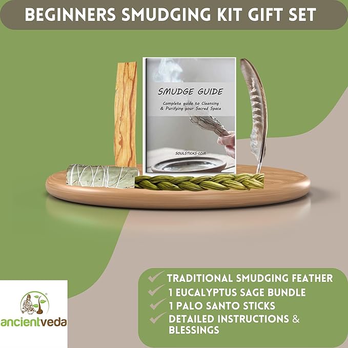 Ancient VEDA Organic Smudge Kit –Eucalyptus, Palo Santo, Sweetgrass Braid, Feather & Smudge Guide | Home Cleansing Kit for Meditation, Yoga, Energy Healing & Gift (Starter Kit, Eucalyptus Sage) AncientVeda