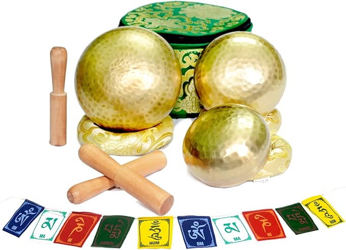 Tibetan Singing Bowl Set of 3 Authentic 7 Metals Meditation Sound Bowl for Yoga, Relaxation, Chakra Bowl, Handmade, Comes with Prayer flag, 3 Wooden Mallet, Silk Cushions, Brocade Box Khusi+Inc