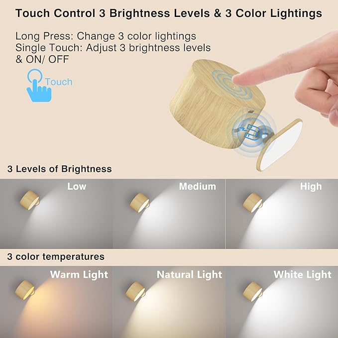 Battery Operated Wall Light, LED Wall Sconce with 3 Color Modes 3 Brightness Levels 360°Rotation Lighting Touch Control, Wall Mounted Lamp Cordless Wall Lamp for Bedroom Reading Bedside-1Pack - Bloomnest