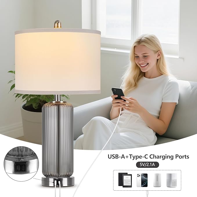 Table Lamps Set of 2 with Touch Control, 3-Way Dimmable Nightstand Lamp with Vertical Grained Glass, Grey Bedside Table Lamps, 27" Modern Glass Bedside Lamps with USB A+C Ports, Desk Lamp for Bedroom - Bloomnest