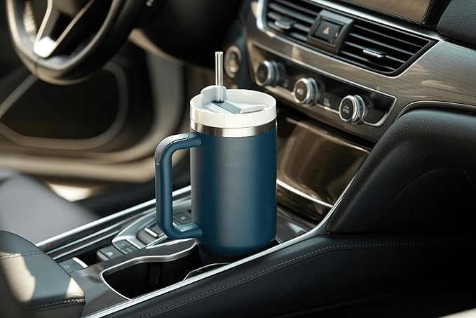 KooK Tumbler with Straw and Handle, 40 Oz, Stainless Steel, Vacuum Insulated Travel Coffee Mug, Reusable Double Walled Water Bottle, Keeps Hot or Cold (Storm Blue) - Bloomnest