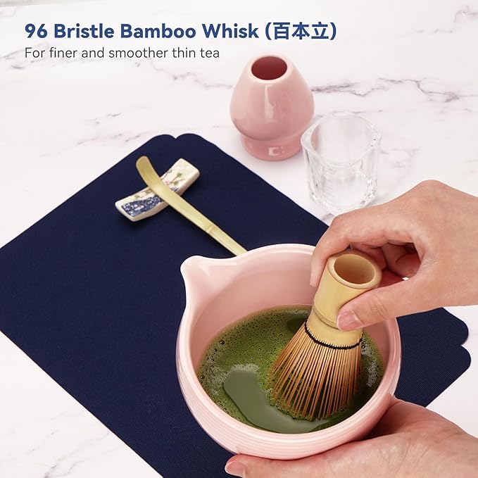 Matcha Whisk Set, Matcha Kit 10-Pcs, Bamboo Whisk and Bowl with Spout & Measuring Spoon & Cup, Japanese Matcha Tea Making Tools, Light Pink - Bloomnest