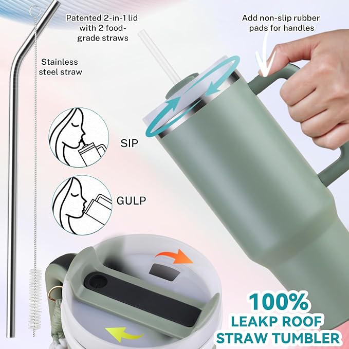 40 oz Tumbler Insulated Mug w/Straw & Flip Cap Lids - Cup Holder Bottle with 6 Accessories Set for Hot, Cold Drink - Leak-Proof - Water, Coffee Portable Travel Mug (Agave) - Bloomnest