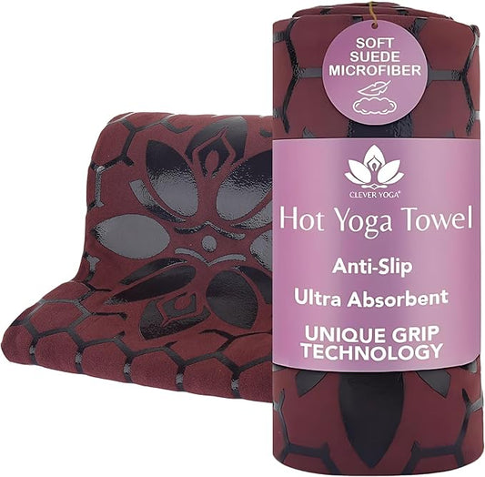 Clever Yoga Hot Yoga Mat Towel – Non-Slip Grip for Hot Yoga, Sweat Absorbent, Honeycomb Silicone Grip, Stays Flat – Ideal for Pilates, Travel, Washable & Lightweight - Burgundy