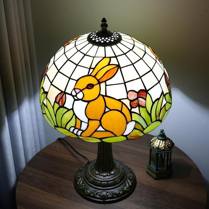 Uniquel Cute Brown Rabbit Tiffany Lamp Retro Style Stained Glass Table Lamp Vintage Aesthetic Bedside Lamps For Bedroom Nightstand Night Stand Lighting Reading Unusual Kids Decor Desk Lamp 12 Inch - Bloomnest
