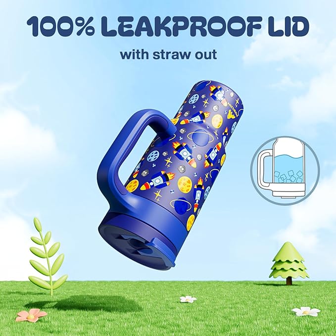 24 oz Stainless Steel Tumbler for Children: Durable Handle, Easy to Clean, Straw Gulp Lid, Car Cup Holder Friendly, Insulated Cup for Sport, Hiking, Carry, Adventures, Bag, Classroom (Space Rocket) - Bloomnest