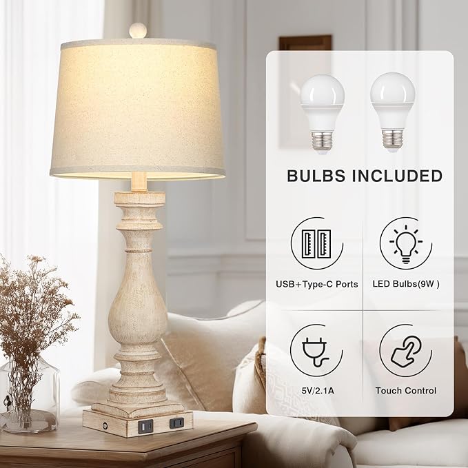 27.5" Farmhouse Table Lamp for Living Room Set of 2,Vintage Bedside Lamps with USB C+A Ports & AC Outlet,3-Way Dimmable Touch Control White Washed Finish Nightstand Lamp for Bedroom,Beige - Bloomnest