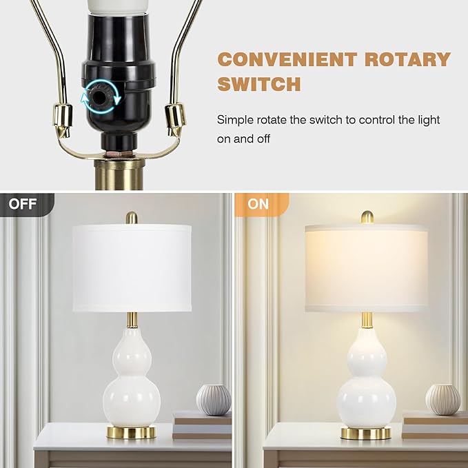 22" Modern Double Gourd Ceramic Table Lamps Set of 2, White Bedside Lamps for Living Room, Contemporary Nightstand Desk Lamps for Bedroom End Table Home Office Decor(2 LED Bulbs Included) - Bloomnest