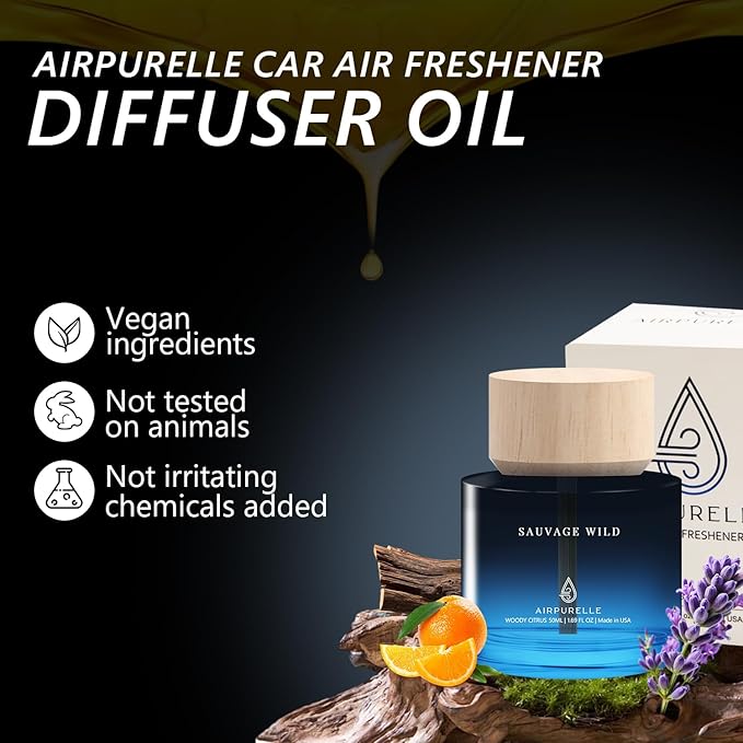 Car Air Freshener 50ML (1.7 FL OZ) Car Air Fresheners Diffuser, Woody Citrus Fragrance Oil Car Air Freshner, 180+ days Long Lasting Car Perfume, Wooden Cup Design, Made in USA - Bloomnest