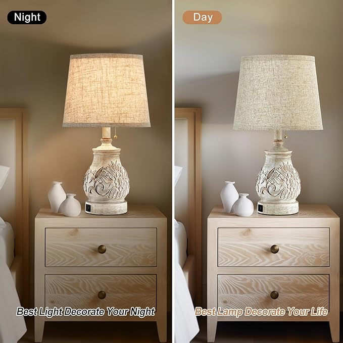 19.5'' Farmhouse Table Lamps for Bedrooms Set of 2 Vintage Bedside Lamps for Nightstand with USB Charging Ports Traditional Rusic Side Table Lamps for Living Room Wooden Carved Floral, Pull Chain - Bloomnest