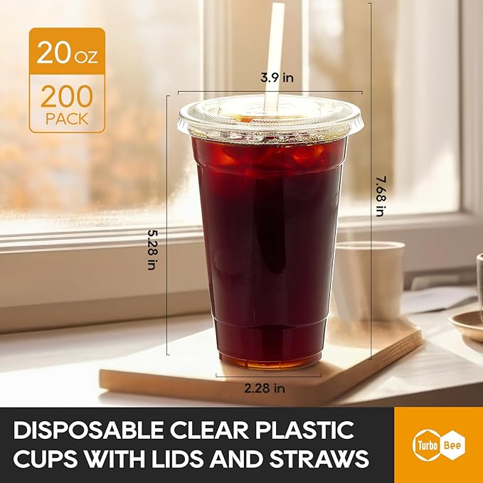 Turbo Bee 200 Sets 20 OZ Clear Plastic Cups with Lids and Straws, Disposable To Go Iced coffee cups with lids for Cold Drinks, Smoothie, and Slushie - Bloomnest