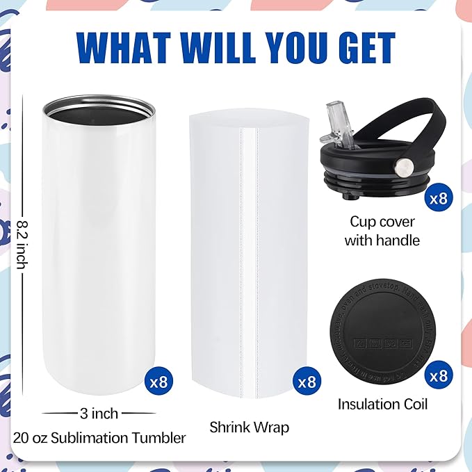 Joyclub 8 Pack Sublimation Water Bottle Blanks 20 oz Sublimation Tumblers with Handle Sports Skinny Insulated Tumblers Bulk - Bloomnest