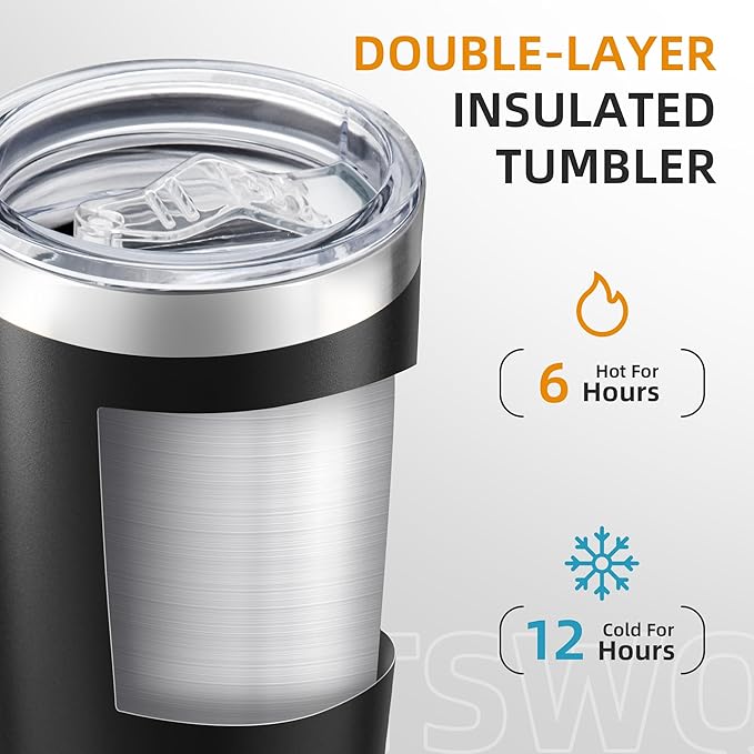 20 oz Tumbler Bulk with Lid Stainless Steel Insulated Tumblers Double Wall Vacuum Coffee Mug Powder Coated Tumbler Cups for Cold and Hot Drinks, Black, 6 pack - Bloomnest