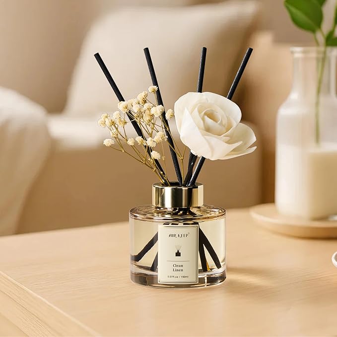 Airkeep Flower Reed Diffusers Set, 5.07 oz Clean Linen Scented Oil Diffuser with 8 Reed Sticks, Home Fragrance Diffuser Gift Set for Bathroom & Office Decor 150ml - Bloomnest