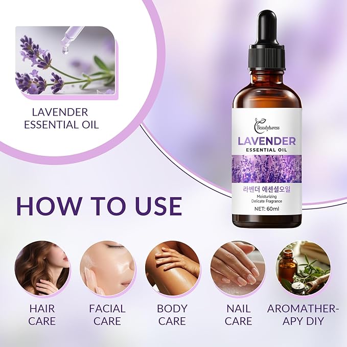 Lavender Essential Oil - 100% Pure & Natural Therapeutic Grade for Aromatherapy Diffuser, Skin & Hair Care - Relaxing & Calming Scent for Sleep Support - Large 60 mL Glass Bottle with Dropper OKADY