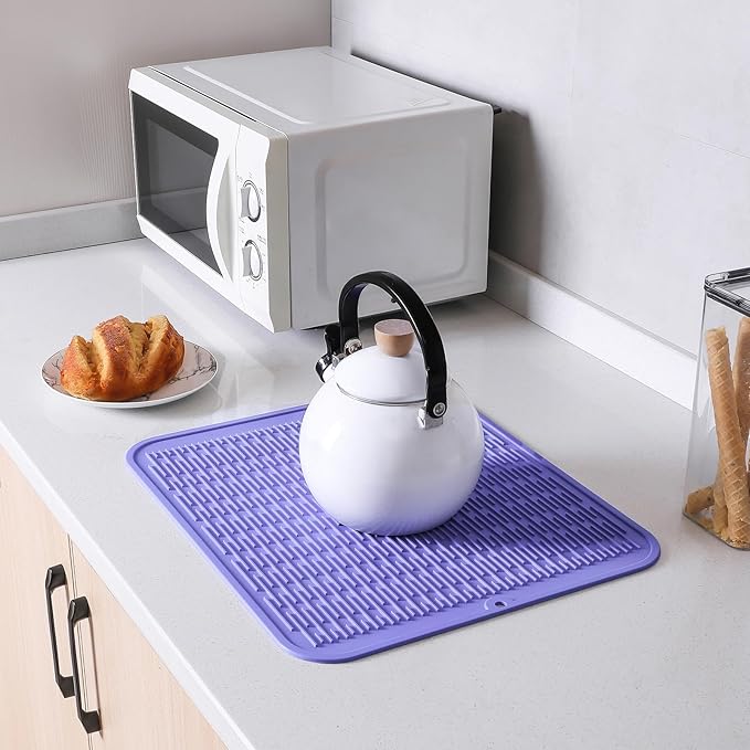 Silicone Dish Drying Mat for Multiple Usage,Easy clean,Eco-friendly,Heat-resistant Silicone Mat for Kitchen Counter or Sink,Refrigerator or Drawer Liner Light Purple XL 18 inches x 16 inches - Bloomnest