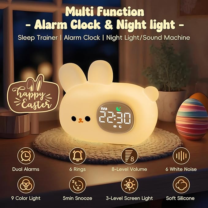 Bunny Alarm Clock with Night Light for Kids with Sleep Training and Sound Machine, Rechargeable Silicone Lamp OK to Wake Clock，Cute Animal Tabletop Lamp, Perfect Sleep Companion for Boys Girls - Bloomnest
