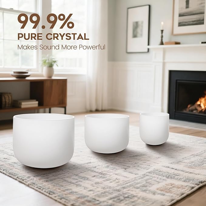 CVNC 440HZ 6"A+8"F+10"C Frosted Quartz Crystal Singing Bowl Chakra Set of 3 with Carry Case Bag - Bloomnest