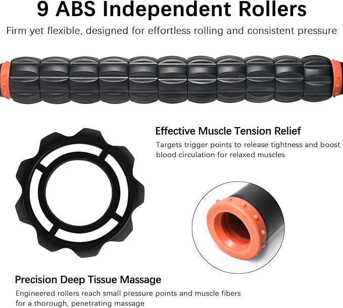 Muscle Roller Massage Roller Stick- Deep Tissue Fascia Blaster for Myofascial Pain Relief, Lymphatic Drainage & Body Sculpting, Handheld Physical Therapy & Recovery Tool (Orange black-18 inch) - Bloomnest