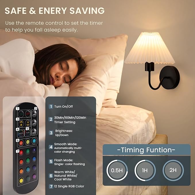Rechargeable Battery Operated Wall Sconce Sets of 2, 15 Colors Wireless gooseneck Black Wall Lights Fixture with Dimmable Bulbs and Remote, Not Hardwired Wall Mounted Lamps for Bedroom Living Room - Bloomnest