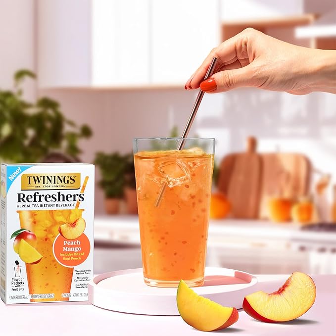 NEW Twinings Peach Mango Refreshers, Herbal Tea Instant Beverage with Real Peach Fruit Bits, 5 Count (Pack of 6), Café Style, No Artificial Sweeteners, Naturally Caffeine-Free Refreshment, 30 Packets - Bloomnest