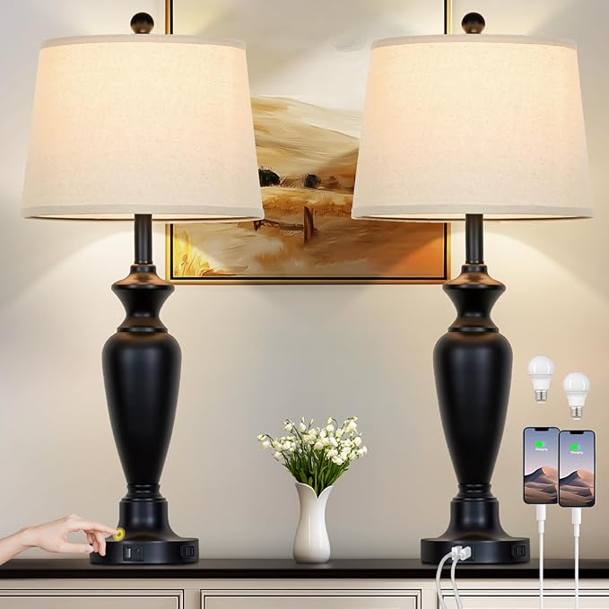 30" Tall Table Lamps Set of 2, Touch Control Bedside Lamp with USB A+C Ports and AC Outlet, 3-Way Dimmable Modern Metal Nightstand Lamp for Bedroom Living Room, 2 LED Bulbs Included, Black - Bloomnest