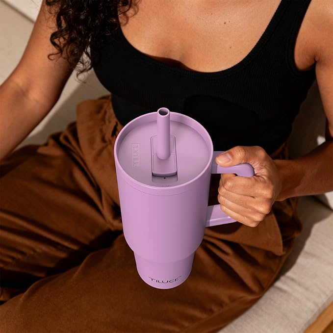 TILUCK 30 oz Tumbler with Handle, Vacuum Insulated Stainless Steel Travel Mug with 100% Leak-Proof Silicone Straw Lid, Cupholder Friendly Water Bottle(Lilac, 30oz) - Bloomnest