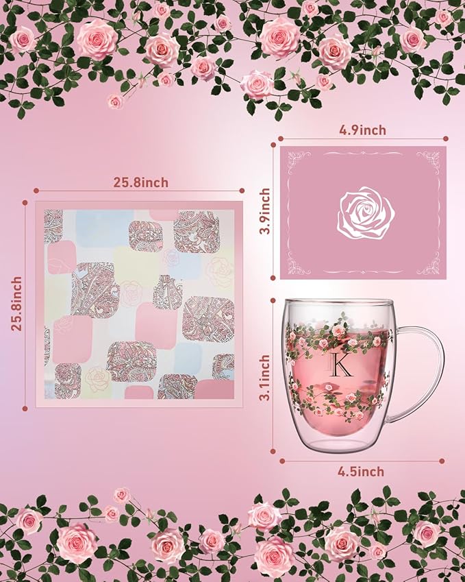 Initial Glass Cup for Women, 12oz Rose Double Walled Glass Coffee Mugs, Personalized Gifts for Women, Initial Coffee Tea Mug with Scarf, Birthday Wedding Gifts for Her Mom Teacher (ROSE-Y) - Bloomnest