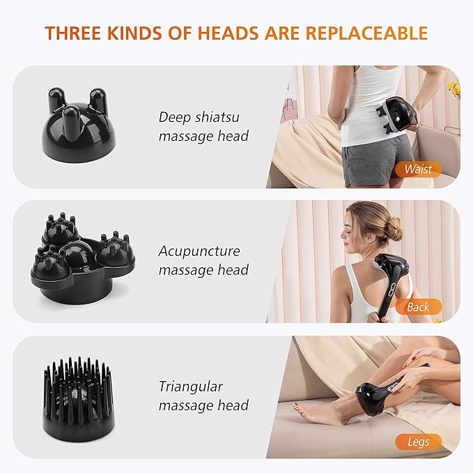 Snailax Cordless Handheld Back Massager with Heat, Deep Tissue Percussion Massager, 3 Sets of Dual Pivoting Heads,Rechargeable Hand Held Massager for Neck,Back Shoulder,Calf,Legs - Bloomnest