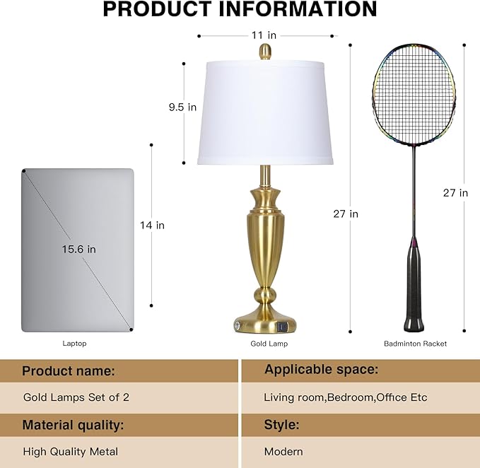 27'' Gold Table Lamps for Living Room with White Lampshade, 3 Way Touch Control Bedside Lamps Set of 2 with USB A+C Ports, Modern Metal Nightstand Lamp for Bedroom Office End Table - Bloomnest