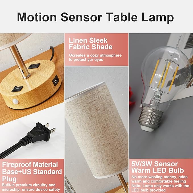 Table Lamp with Motion Sensor or Constant on Mode, USB Lamp Include One LED Bulb, Built in 1 USB Port & 1AC Outlet, Bedside Lamp Idea for Bedroom, Hallway, Bath Room - Bloomnest