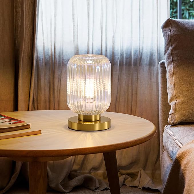 Dimmable Colorful Glass Table Lamp: Mid Century Modern Nightstand Light With Stained Shade - Small Decorative Brass Desk Lamp - Ribbed Glass Bedside Tables Lamps for Bedroom Living Room Bulb Excluded - Bloomnest