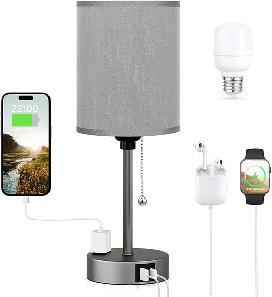 Small Bedside Table lamp for Bedroom - 3 Color Temperatures Bedside Lamps with USB Ports for Housewarming, Pull Chain Table Lamps with AC Outlet, Nightstand Lamps for Kids Reading - Bloomnest