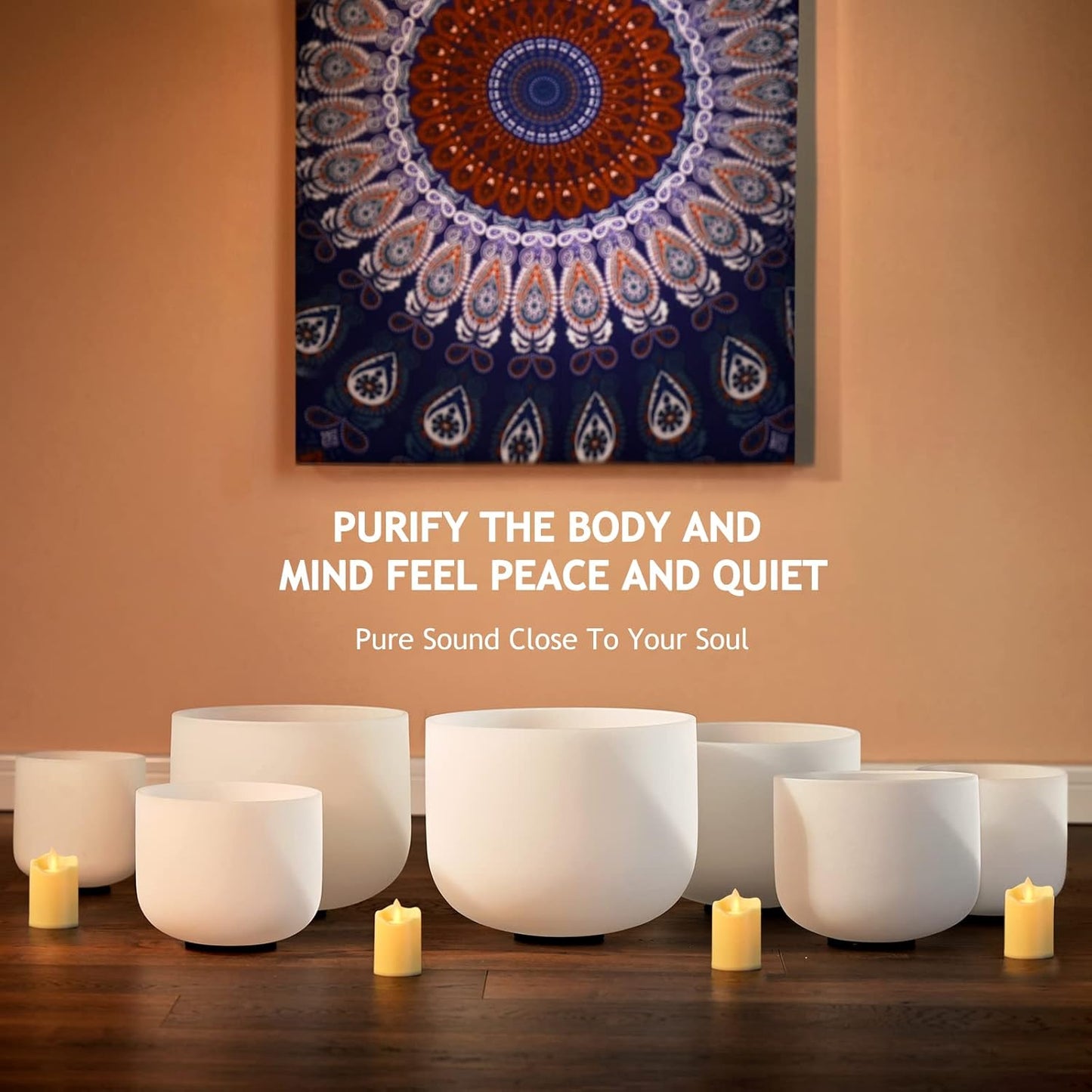 CVNC 440HZ 6-12 inch Set of 7 Frosted Meditation Chakra Quartz Crystal Singing Bowls for Sound Healing Energy with Carry Case Bag Suede and Striker & O-Ring