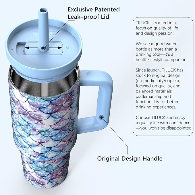 TILUCK 40 oz Tumbler with Handle, Vacuum Insulated Stainless Steel Travel Mug with 100% Leak-Proof Silicone Straw Lid, Cupholder Friendly Water Bottle(FishScales, 40oz)