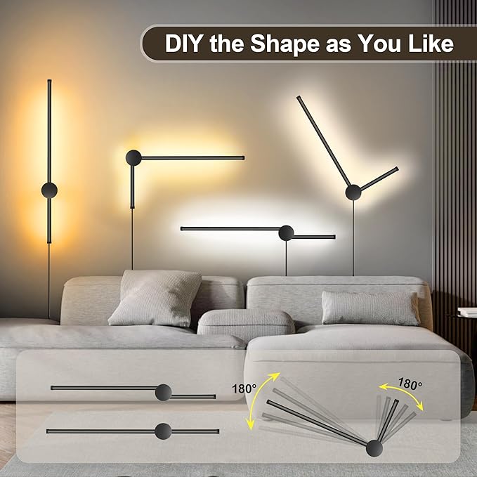 Wall Sconces Set of Two with Remote, Stepless Colors 3000K-6500K & Stepless Dimming, Hardwire or Plug-in, 180° Rotate, LED Black Plug in Wall Sconces with Timer & Night Light, 23.6 Inches - Bloomnest