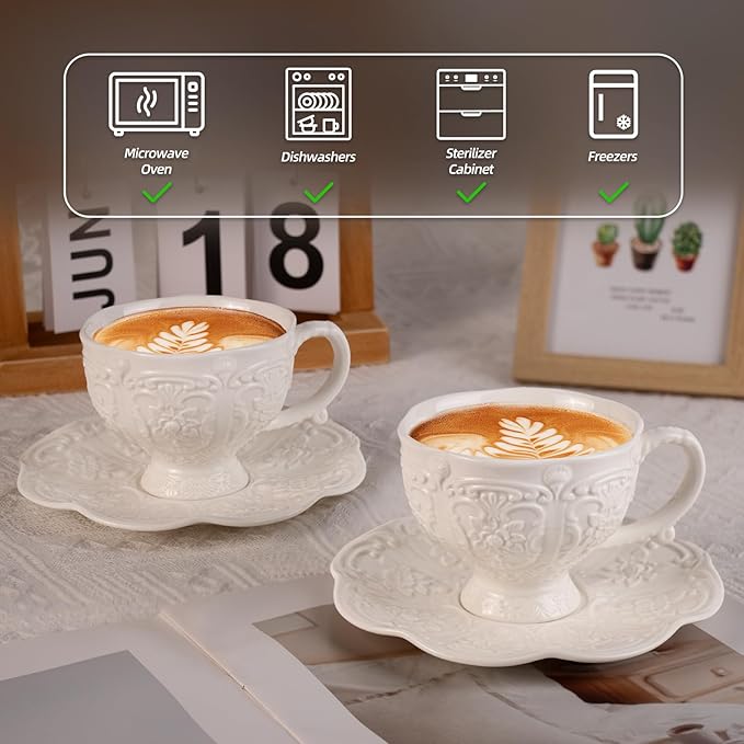 KAMMAK Tea Cups and Saucers Set of 2, Porcelain Coffee Cups, 7.8-Ounce Stackable Espresso Mugs, Ceramic Demitasse for Coffee, Latte, Americano, Tea, Britney - Bloomnest