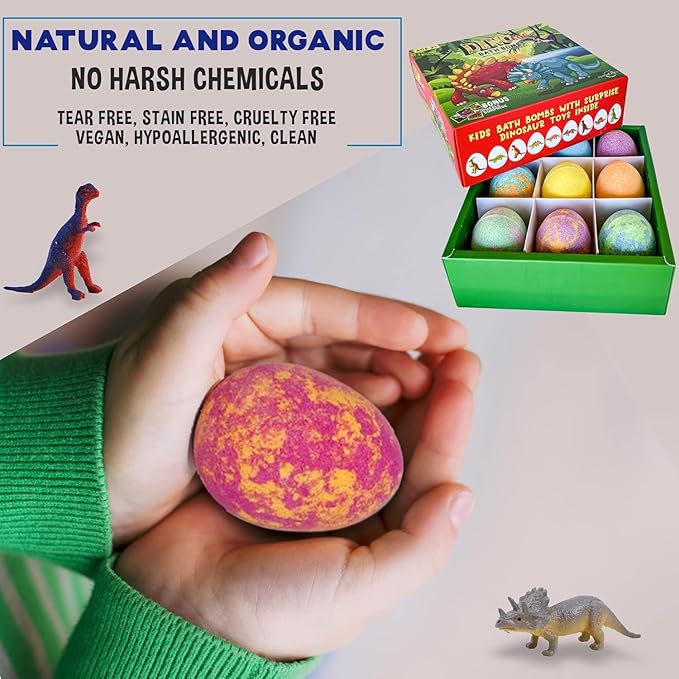 Bath Bombs for Kids with Surprise Toys Inside Plus Dinosaur Puzzle - Set of 9 Organic Dino Egg Bath Bombs with Rich Bubbles, Stocking Stuffers Christmas Gifts for Kids - Bloomnest