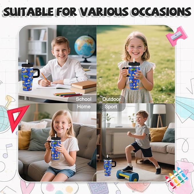 Construction Tumbler with Handle Straw for Kids 14oz, Insulated Stainless Steel Cup for Boys, Birthday Christmas Back to School Gifts for Kids Boys - Bloomnest
