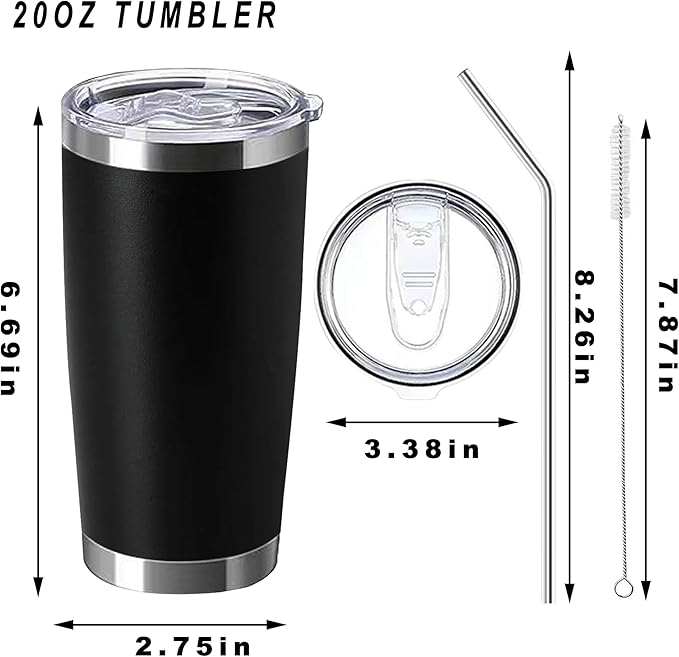 20oz insulted tumblers stainless steel cup Tumbler Bulk with push Lid, and metal straw powder coated coffee cup for cold and hot drinking (12, black) - Bloomnest