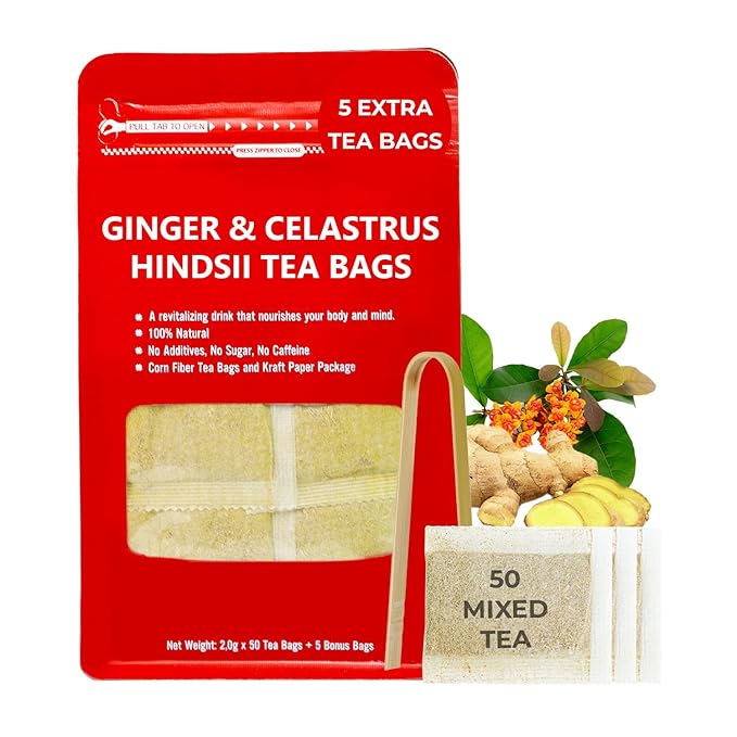 Pure Ginger Tea Bags with Celastrus Hindsii - 55 Count (+5 Tea Bags) - 5.15 oz, Re-Steep Herbal Tea Blend, Corn Based Bags, Bamboo Tong Include, No Sugar Added, Natural Ginger Tea - Bloomnest