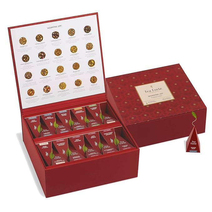 Tea Forte Warming Joy Holiday Assorted Premium Tea Chest Gift Sampler, 40 Count, 2 of each Variety Blend Individually Wrapped Handcrafted Pyramid Infuser Bags - Bloomnest