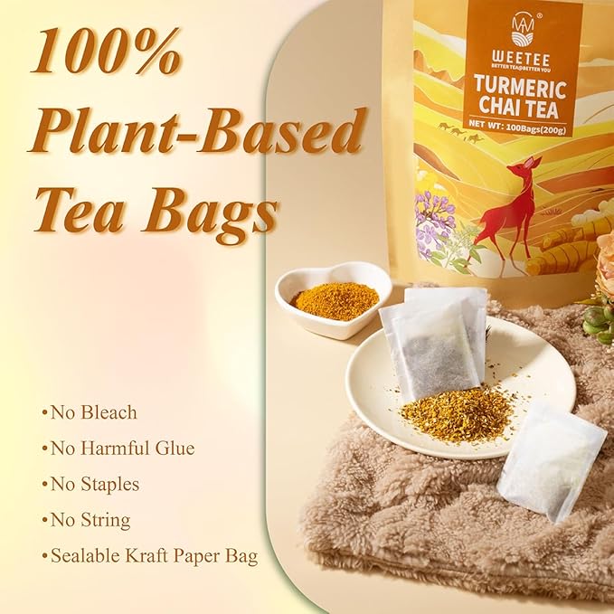 WT WEETEE Turmeric Chai Tea Bags, 2g x 100 Count, Caffeine-Free Turmeric Spiced Chai Tea, Includes Cinnamon, Licorice, Ginger Root, Cardamom, Cloves & More - Bloomnest