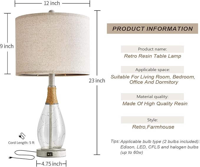 OYEARS 23" Table Lamps for Living Room Set of 2 Bedside Lamps for Night Stands Bedroom Lamps Farmhouse Rattan Boho Lamp Glass Nightlight End Table Lamp with USB C+A (White),Two Light Points - Bloomnest