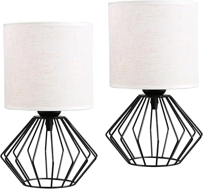Hamilyeah Bedside Lamps Set of 2, Black Table Lamps with Beige Linen Fabric Shade, Industrial Lamps for Night Stands with On/Off Switch, Modern Simple Desk Lamps for Bedroom, Living Room - Bloomnest