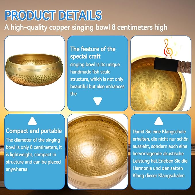 Tibetan Singing Bowl Set, Meditation Sound Bowl with Wooden Striker, Crystal Stones, Cushion, Bell for Yoga, Meditation & Relaxation, Stress Relief, Self-Regulation Yuqutum